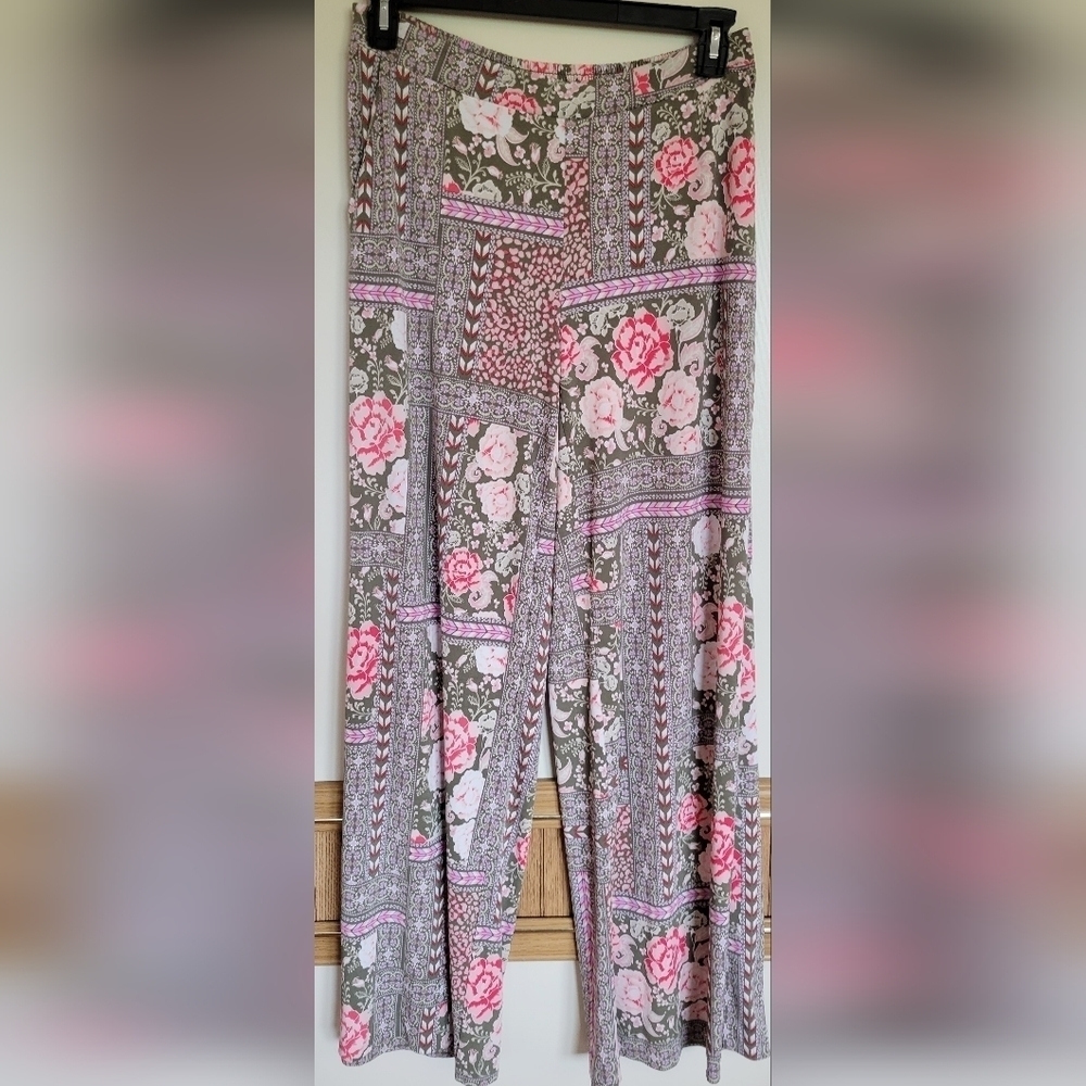 New York & Company Gray Floral Wide Leg Palazzo Pants Size Medium